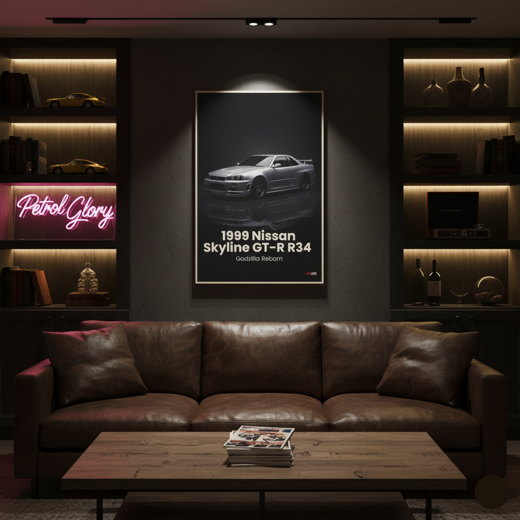 Living room with a brown leather sofa, wooden coffee table, and framed poster of a 1999 Nissan Skyline GT-R R34.