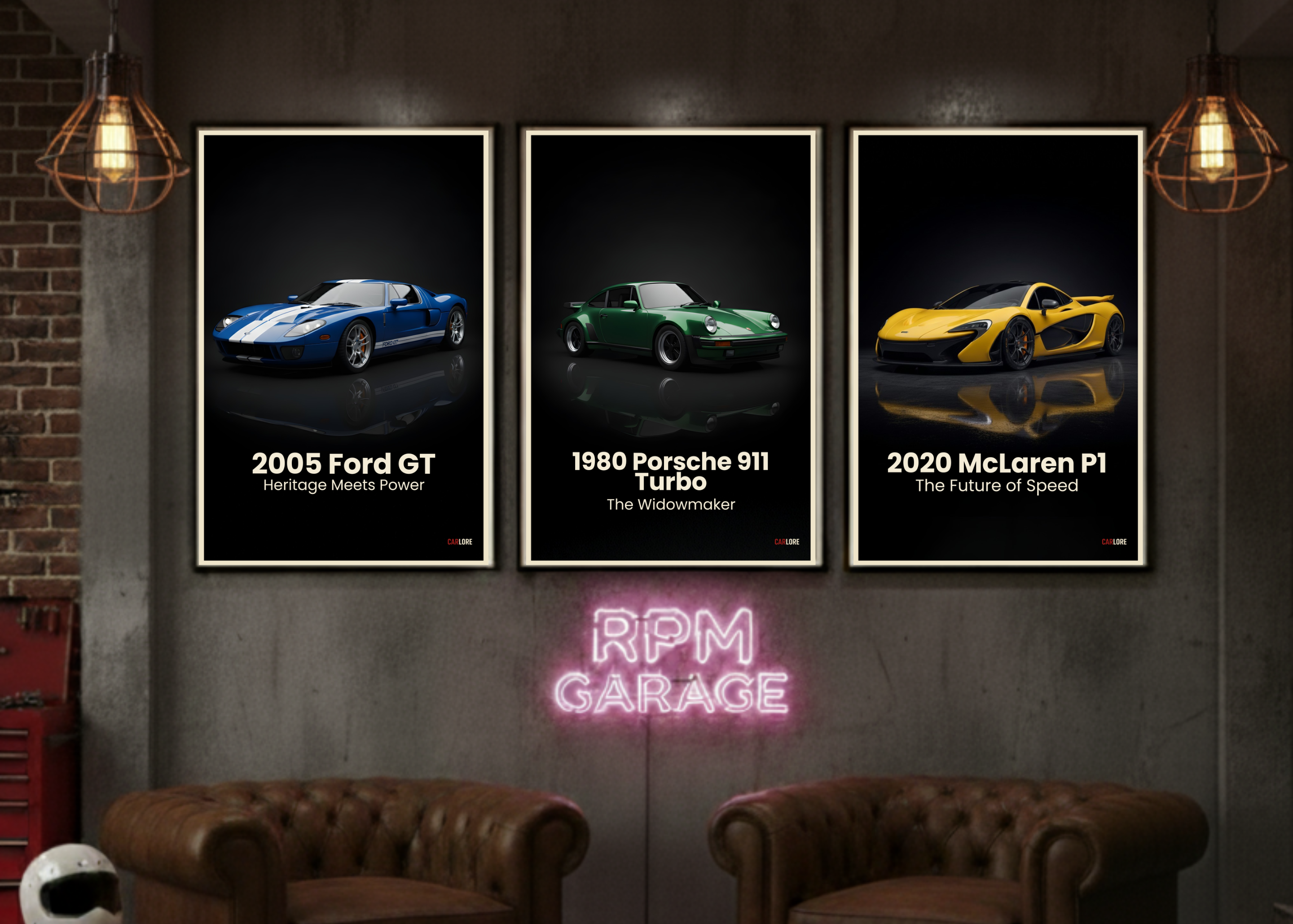 Modern interior of a garage with car posters and a neon sign.