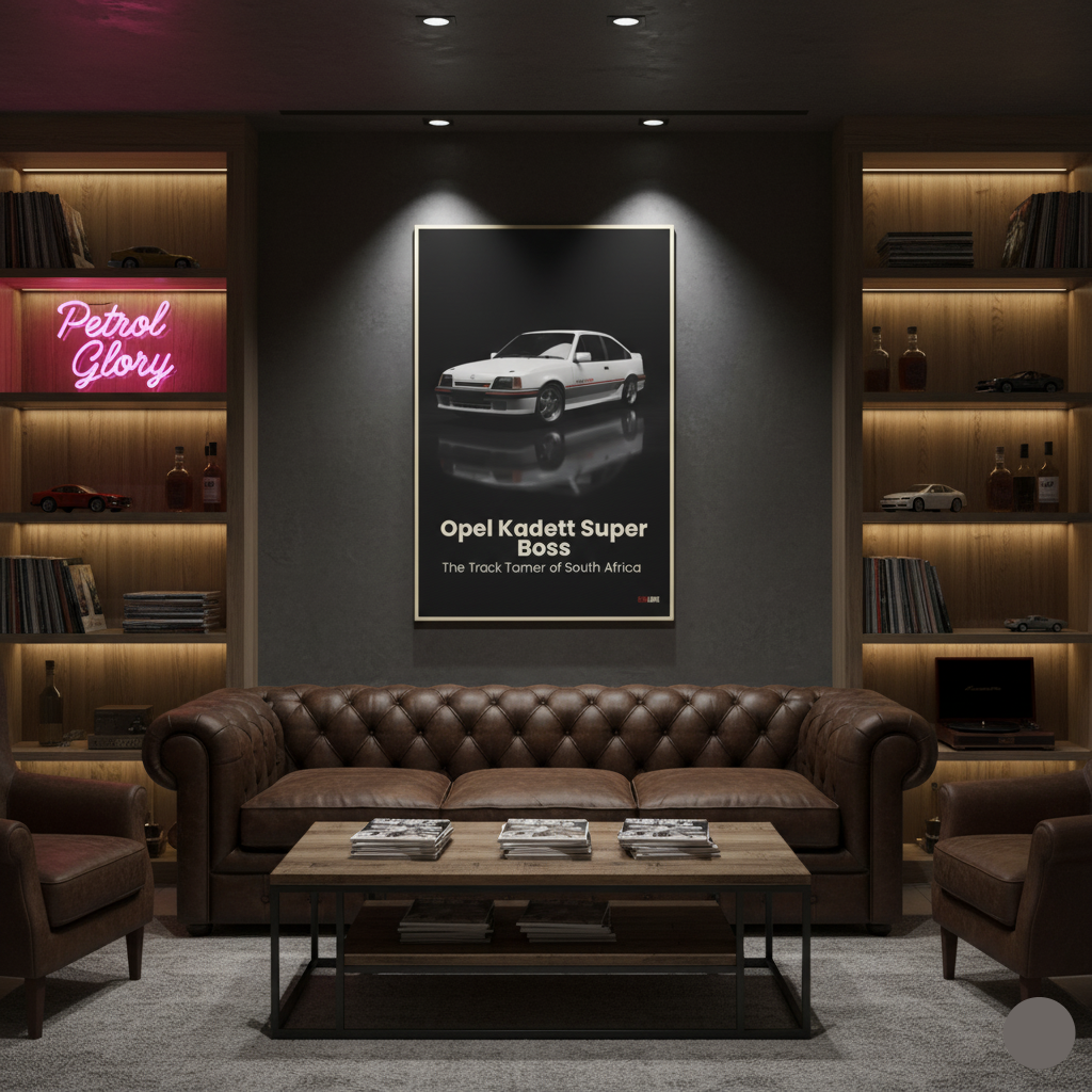 Modern living room with brown leather sofa, wooden coffee table, and framed Opel Kadett Super Boss poster.