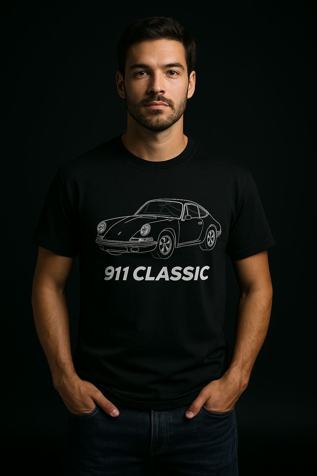 Man wearing a black t-shirt with a Porsche 911 Classic graphic on a dark background