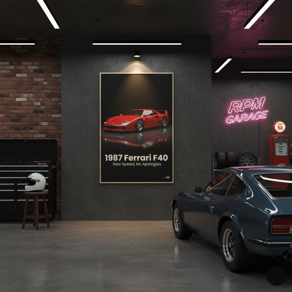 Garage interior with a framed poster of a red Ferrari F40 and a blue car.