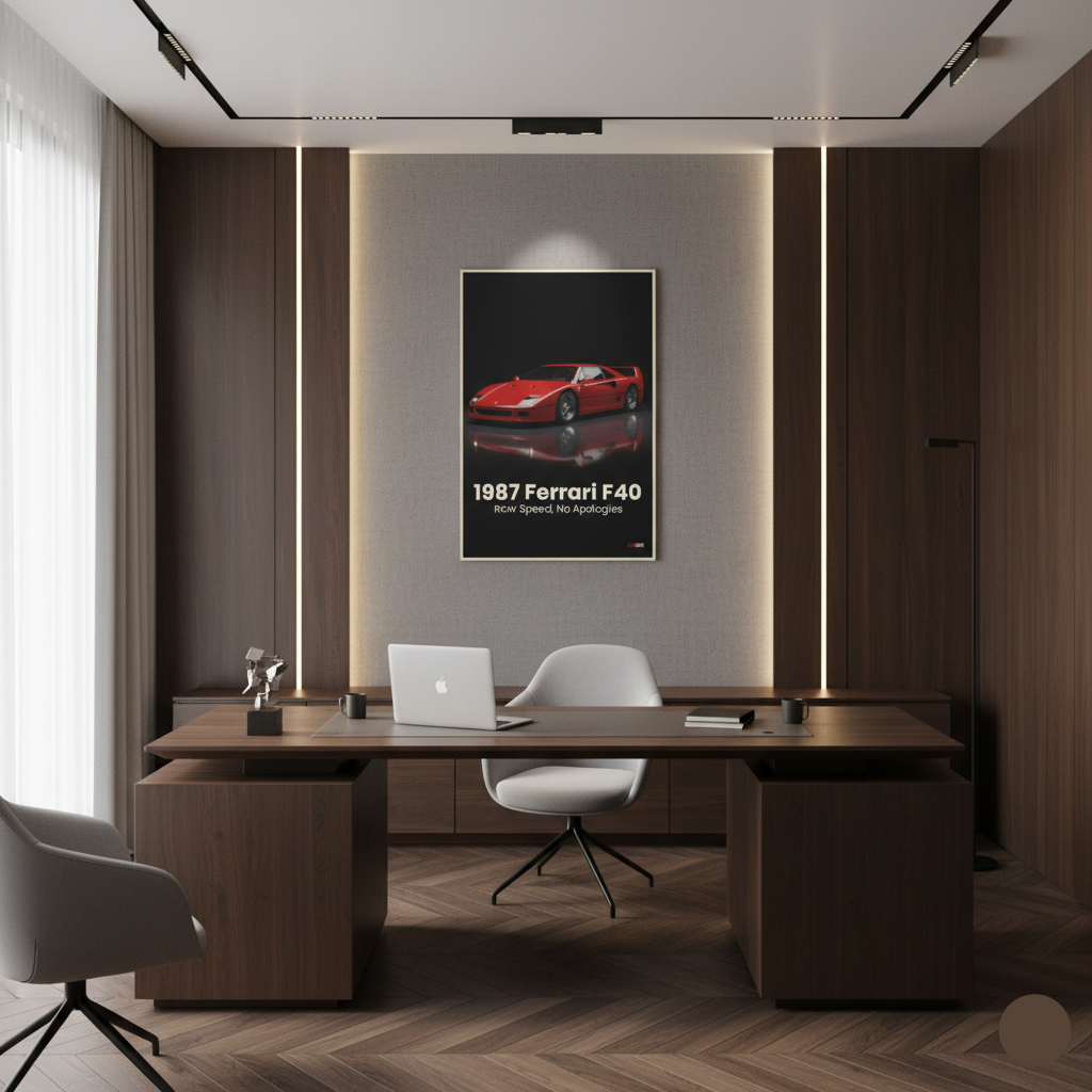 Modern office interior with a desk, chairs, and a framed picture of a red car on the wall.