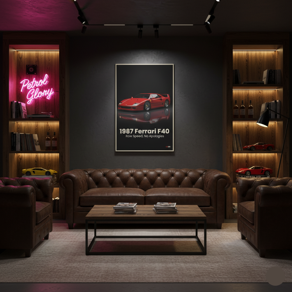 Modern living room with a brown leather sofa, wooden coffee table, and framed poster of a red car.