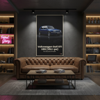 Living room with brown leather sofa, wooden coffee table, and wall art of a Volkswagen Golf GTI.